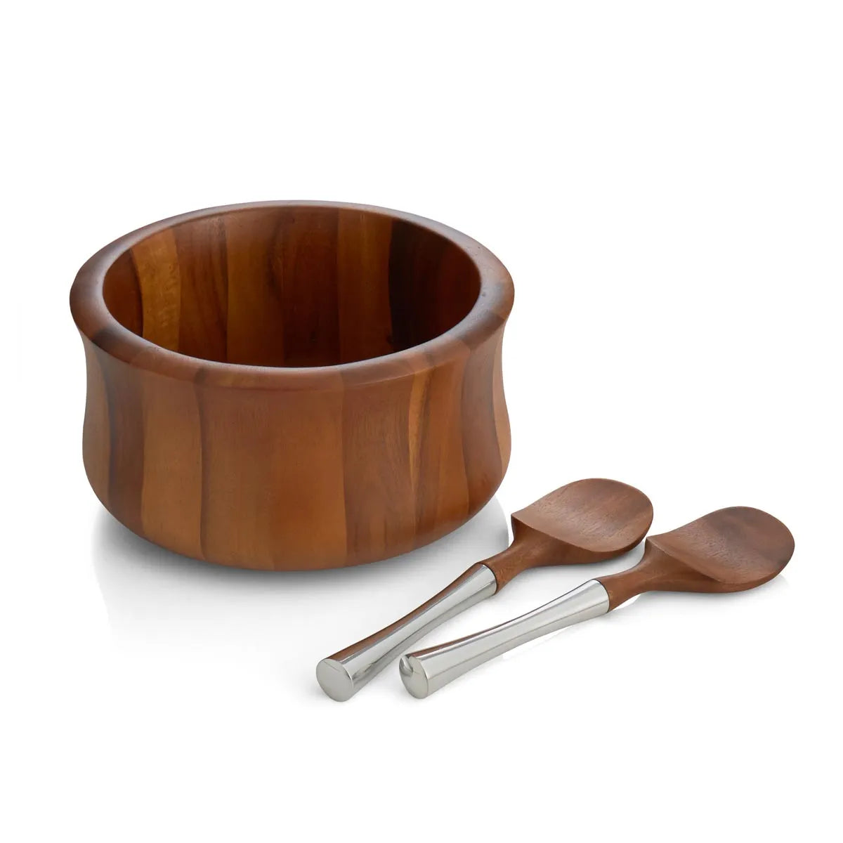 The Nara Salad Bowl with Servers by Nambe is expertly crafted from rich acacia wood and includes two matching wooden serving utensils with elegant Nambé Alloy handles, all beautifully arranged on a white background.