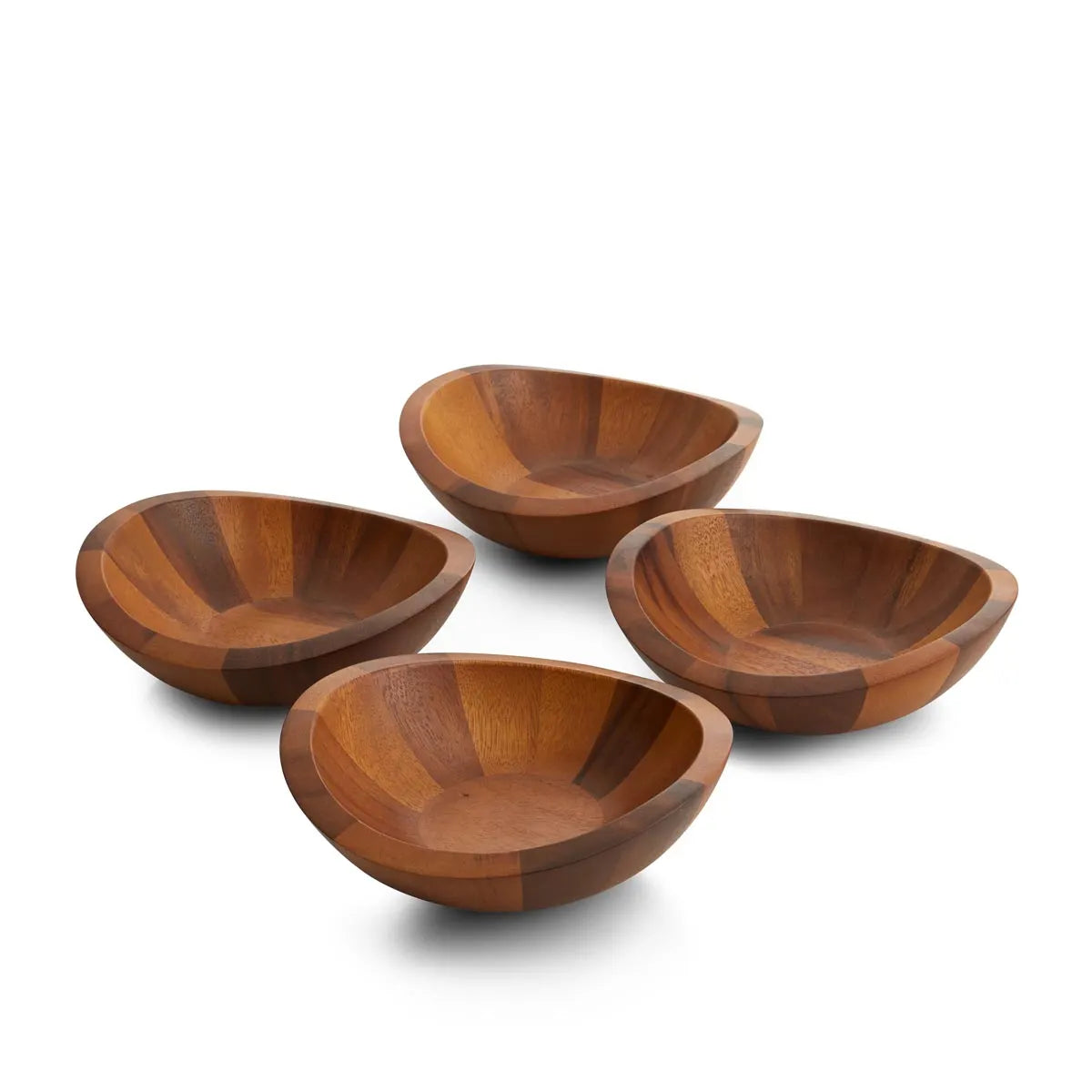 Four Nambe Braid Bowl Salad Bowls from the Set/4 are displayed on a white background. Each bowl showcases a natural acacia wood grain pattern, smooth rounded edges, and a gently curved, shallow design.