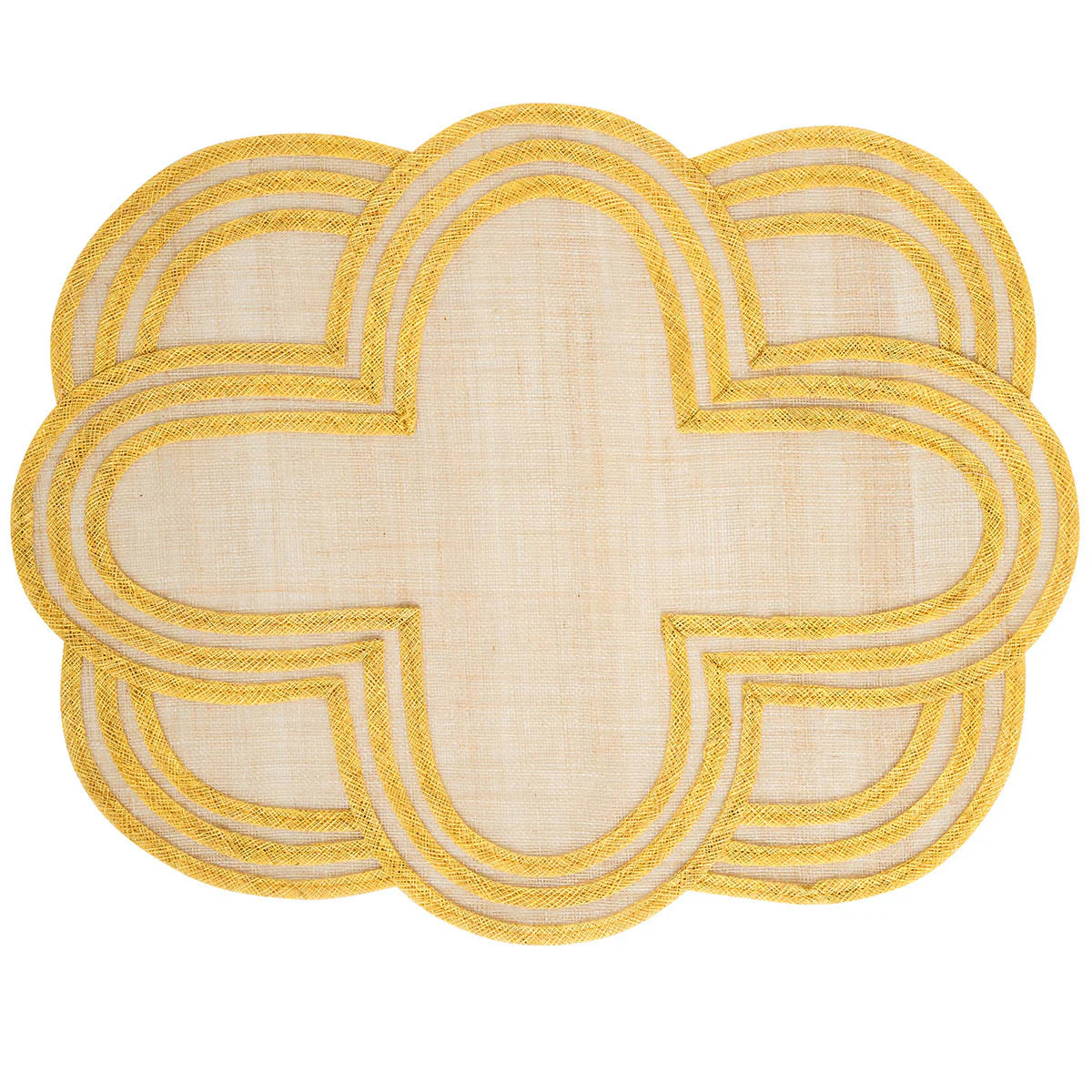 The Juliska Scallop Stripe Placemat features a beige quatrefoil pattern with layered yellow and gold embroidered borders, adding an elegant touch to your woven placemats collection.