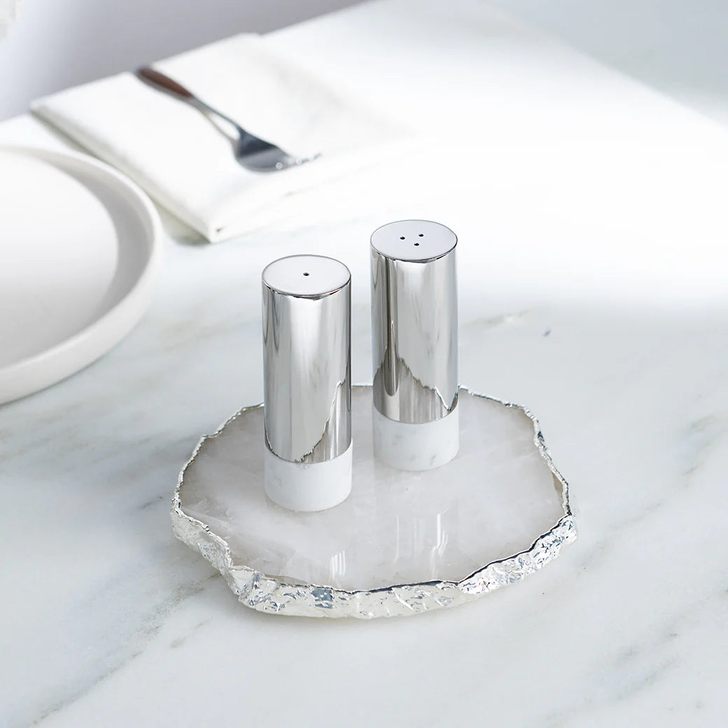 Coluna Dual Salt & Pepper Shakers Set of 2 - Marble & Silver