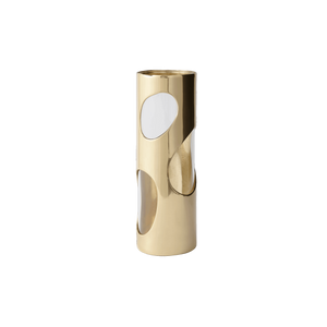 A cylindrical Pietra Plated Vase by Greg Natale showcases large oval cut-out openings on its sides, revealing the hollow interior in a striking biomorphic design, set against a plain white background.