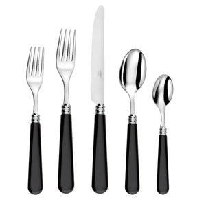 The Capdeco Altea Flatware 5 Piece Setting, crafted in France, features shiny stainless steel heads and black handles—includes two forks, one knife, and two spoons—displayed side by side on a white background.
