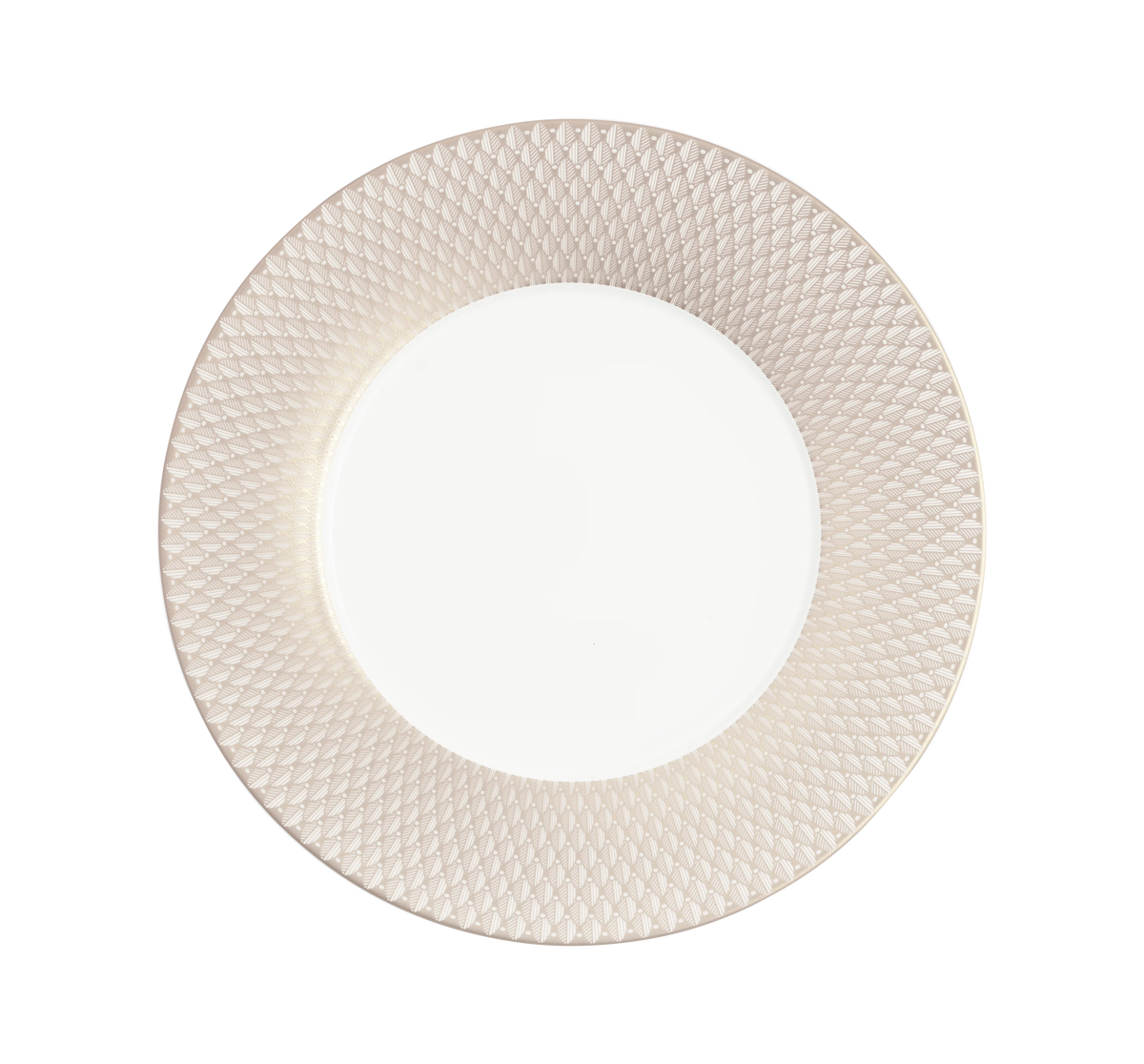 A round white plate from the Christofle Malmaison Imperiale Porcelain Dinnerware Platinum collection, featuring a textured geometric rim and viewed from above against a plain white background—exuding the refined elegance of luxury tableware.