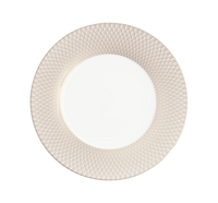 A round white plate from the Christofle Malmaison Imperiale Porcelain Dinnerware Platinum collection, featuring a textured geometric rim and viewed from above against a plain white background—exuding the refined elegance of luxury tableware.