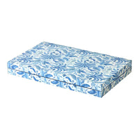 The Addison Ross Palm Beach Backgammon Set - Blue is a luxury rectangular box with a blue and white floral pattern, shown closed against a white background.