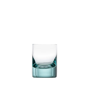 A Moser Whiskey Set Shot Glass with a thick, teal-tinted base—evoking classic Moser colours—stands centered on a plain white background.