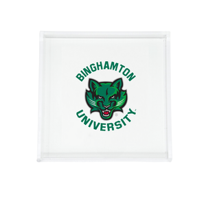 The Eye Candy College Acrylic Catchall Tray features the Binghamton University logo with a green wildcat mascot and "Binghamton University" text, making it a stylish and practical accessory for any dorm room.