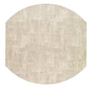 The New Luster Elliptic Placemat Set of 4 by Bodrum is shown in light beige with a textured, octagon-shaped design and slightly rounded edges, featuring elegant fabric and a subtle woven look against a white background.