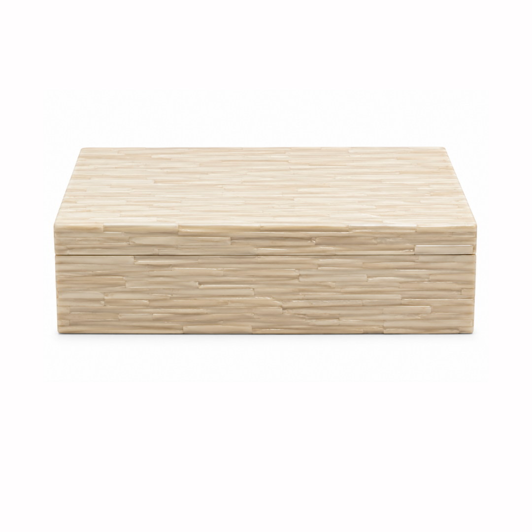 The Bone Tiles Box - Ivory - Large by A Sanoma Inc is a rectangular beige decorative box featuring a textured, layered bone pattern, shown closed against a plain white background.