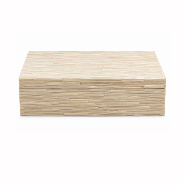The Bone Tiles Box - Ivory - Large by A Sanoma Inc is a rectangular beige decorative box featuring a textured, layered bone pattern, shown closed against a plain white background.