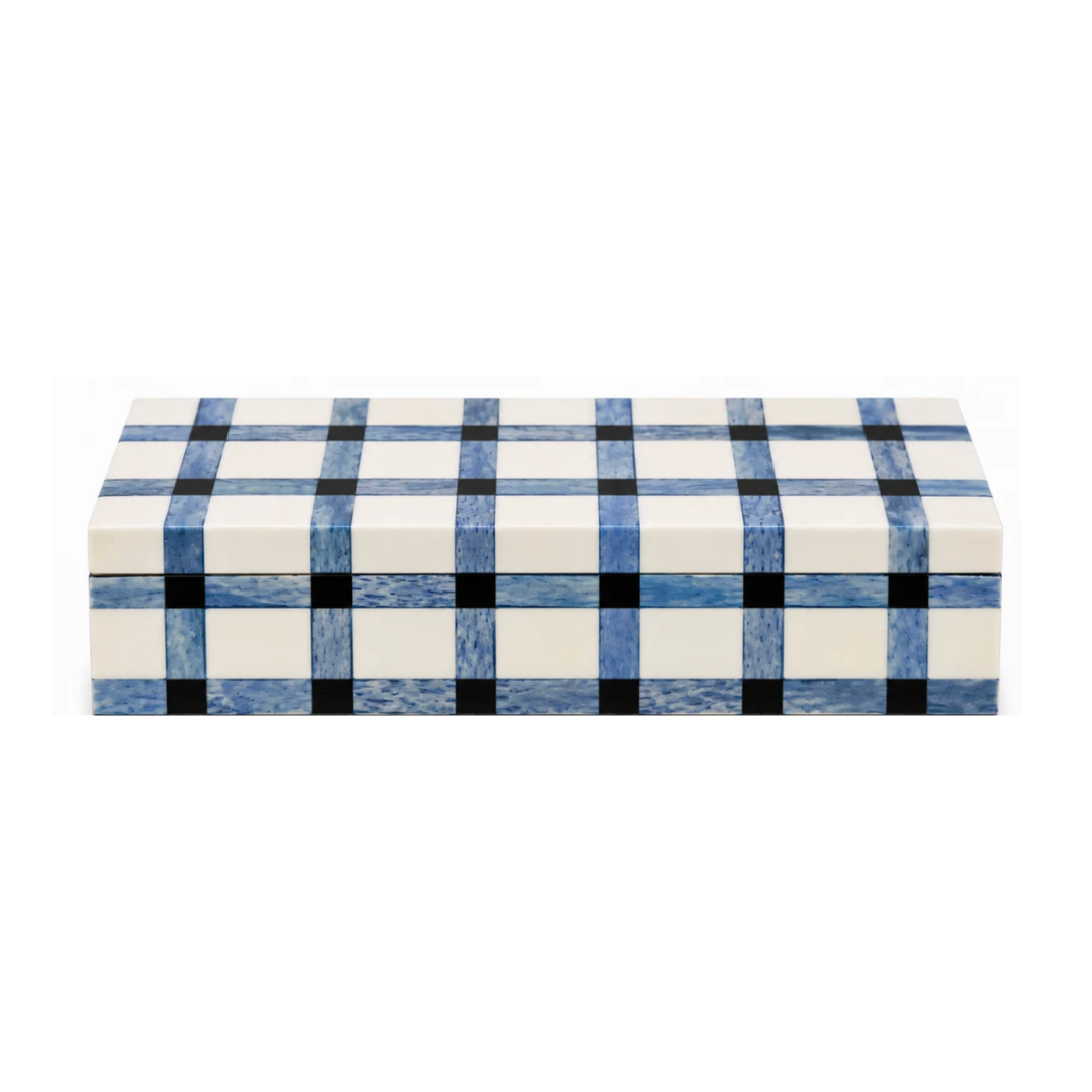 The Plaid Bone Box - Blue by A Sanoma Inc features a rectangular design adorned with a blue, black, and white plaid pattern, making it an elegant accent ideal for luxury home decor.