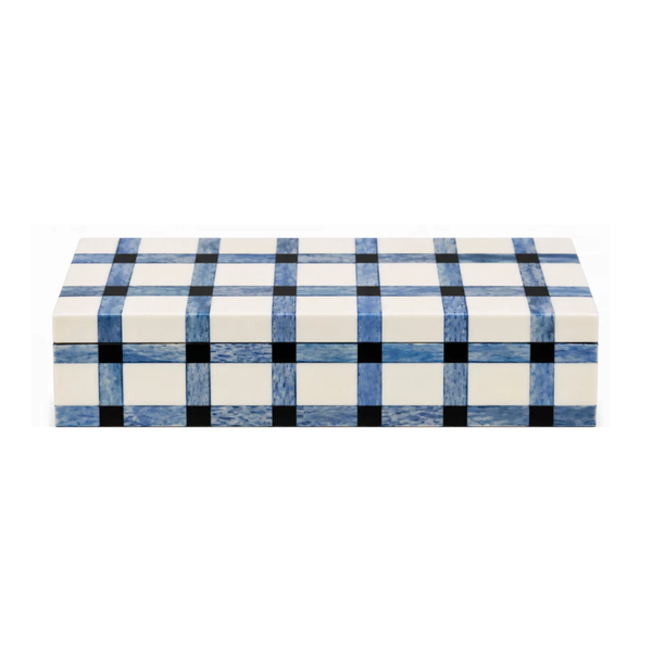 The Plaid Bone Box - Blue by A Sanoma Inc features a rectangular design adorned with a blue, black, and white plaid pattern, making it an elegant accent ideal for luxury home decor.