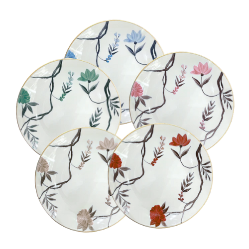 Five Marie Daâge "Bouquet De Vie 1" porcelain plates, each with unique floral designs and gold trim, overlap in a semi-circle on a white background to showcase the luxury of Marie Daâge dinnerware.