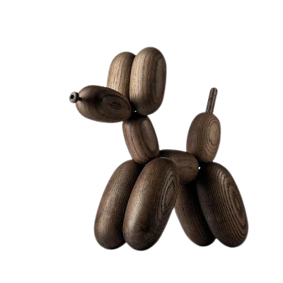 A large Balloon Dog sculpture by Boyhood - Ameico, crafted from smoked oak with smooth surfaces and visible natural grain in each segment, showcased against a plain white background.
