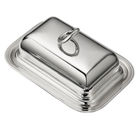 Rectangular silver-plated Christofle Vertigo Silver-Plated Butter Dish with Lid featuring a ring-shaped handle and the signature Vertigo pattern.