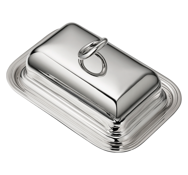 Rectangular silver-plated Christofle Vertigo Silver-Plated Butter Dish with Lid featuring a ring-shaped handle and the signature Vertigo pattern.
