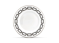 A Ginori 1735 Catene Nero dinner plate, featuring a white ceramic surface accented by a geometric black chain-link pattern around the rim, viewed from above on a plain white background.