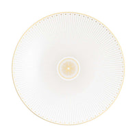 Christofle Malmaison Imperiale Porcelain Dinnerware Gold plate featuring a central gold floral emblem surrounded by radiating fine lines and a gold-dotted rim.
