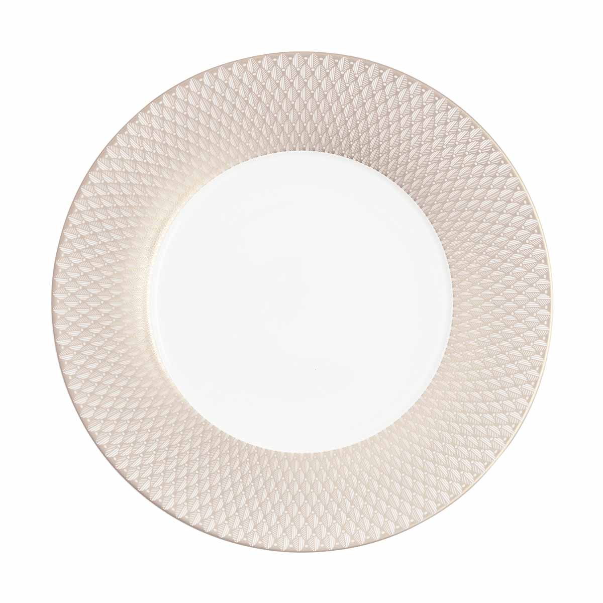 A round white plate with a textured, light beige diamond-patterned rim, viewed from above against a plain white background—an exquisite piece that exemplifies luxury tableware from the celebrated Malmaison Imperiale Porcelain Dinnerware Platinum collection by Christofle.
