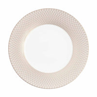 A round white plate with a textured, light beige diamond-patterned rim, viewed from above against a plain white background—an exquisite piece that exemplifies luxury tableware from the celebrated Malmaison Imperiale Porcelain Dinnerware Platinum collection by Christofle.