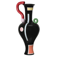 The Matisse Vase - Large by Currey & Company is a tall, glossy black porcelain vase with a curvy red handle and geometric pastel accents—a modern, abstract statement piece for artistic home decor.