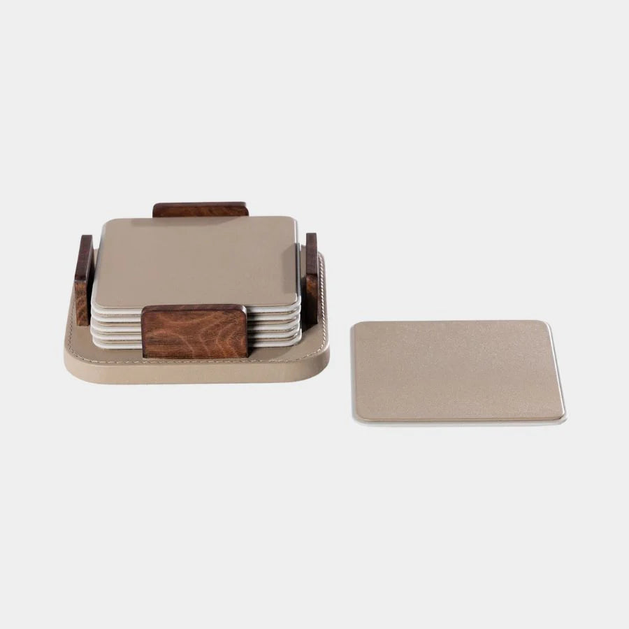 Leather & Veneer Coaster Set- Cappuccino