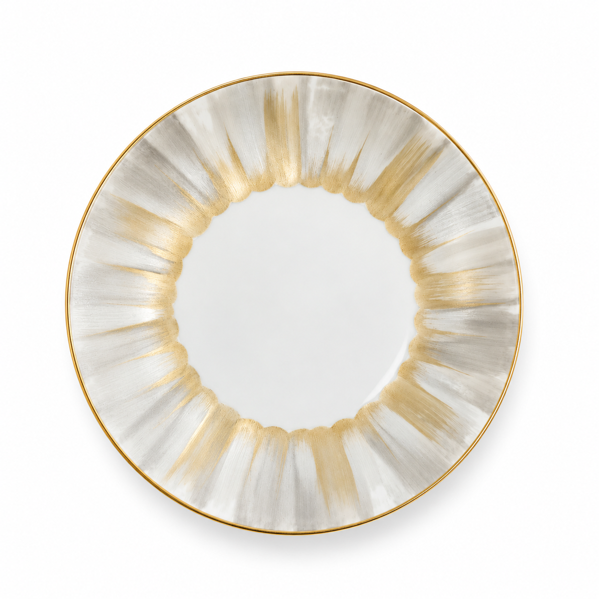 Marie Daâge Panache white Limoges porcelain plate with a wide, fluted rim featuring alternating gray and metallic gold brushstroke patterns, finished with a gold-trimmed edge.