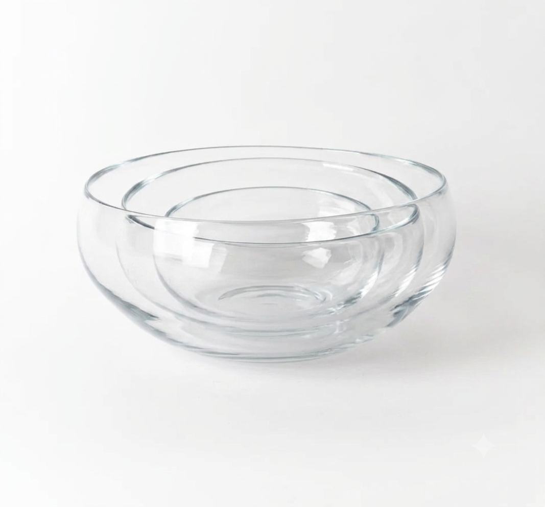 The Gary Bodker Nesting Bowl Collection Clear features three hand-blown glass bowls nested together on a plain white background.