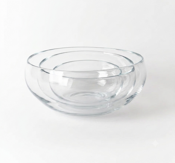 The Gary Bodker Nesting Bowl Collection Clear features three hand-blown glass bowls nested together on a plain white background.