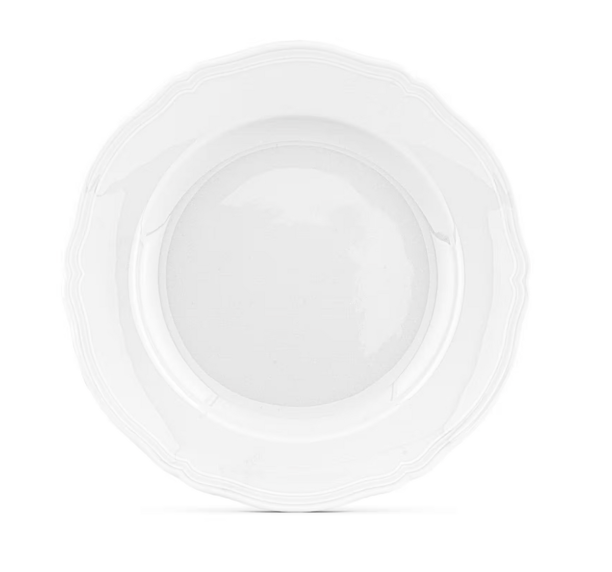 A white, round Antico Doccia Dinnerware plate by Ginori 1735, crafted from pure porcelain with a slightly scalloped and embossed rim inspired by timeless design, is shown from above on a plain white background.
