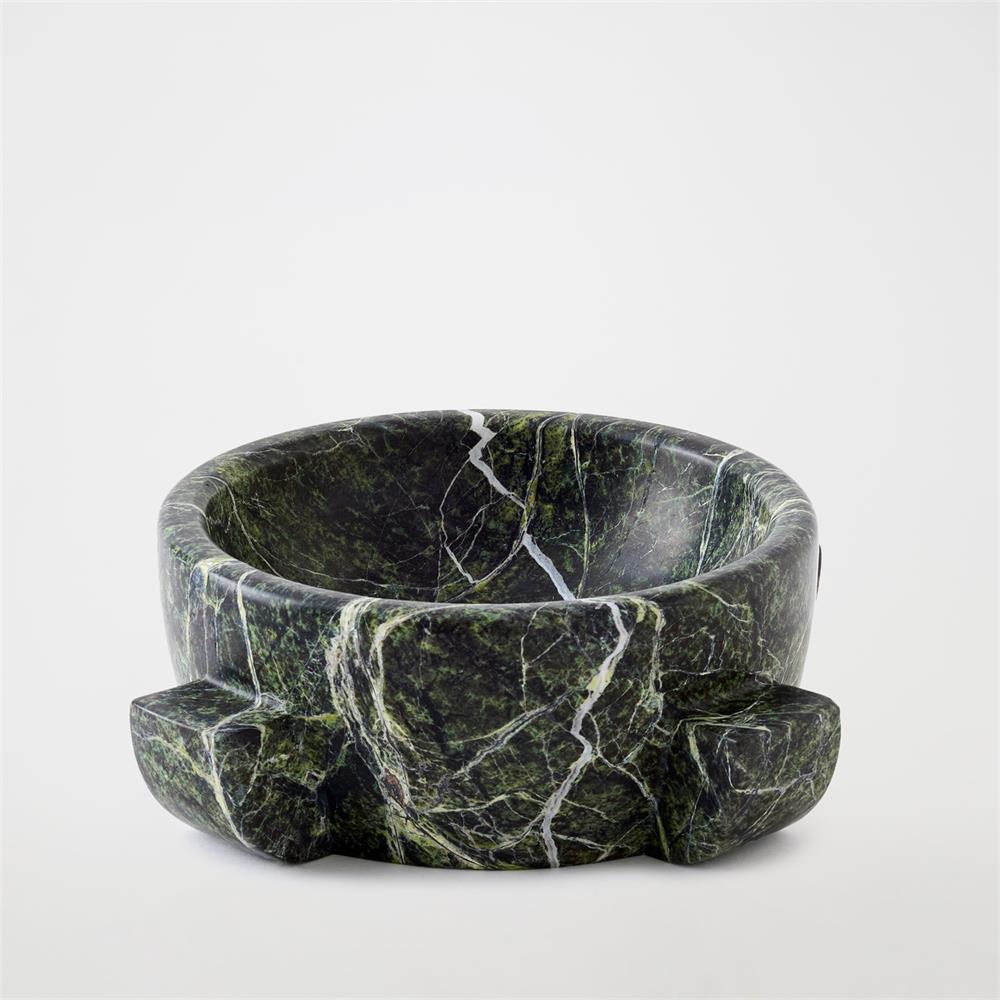 The Ravine Marble Dome Bowl 9″ by Global Views / Surya is a round, deep green bowl crafted from rainforest green marble featuring elegant white veining and supported by three chunky feet, shown on a plain white background.