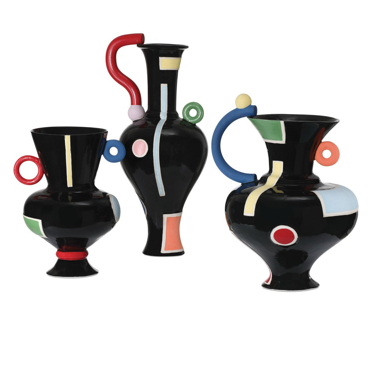 The Matisse Vase - Large by Currey & Company is a glossy black ceramic statement piece with bold geometric shapes and curvy handles, perfect for adding modern, artistic flair to your decor.
