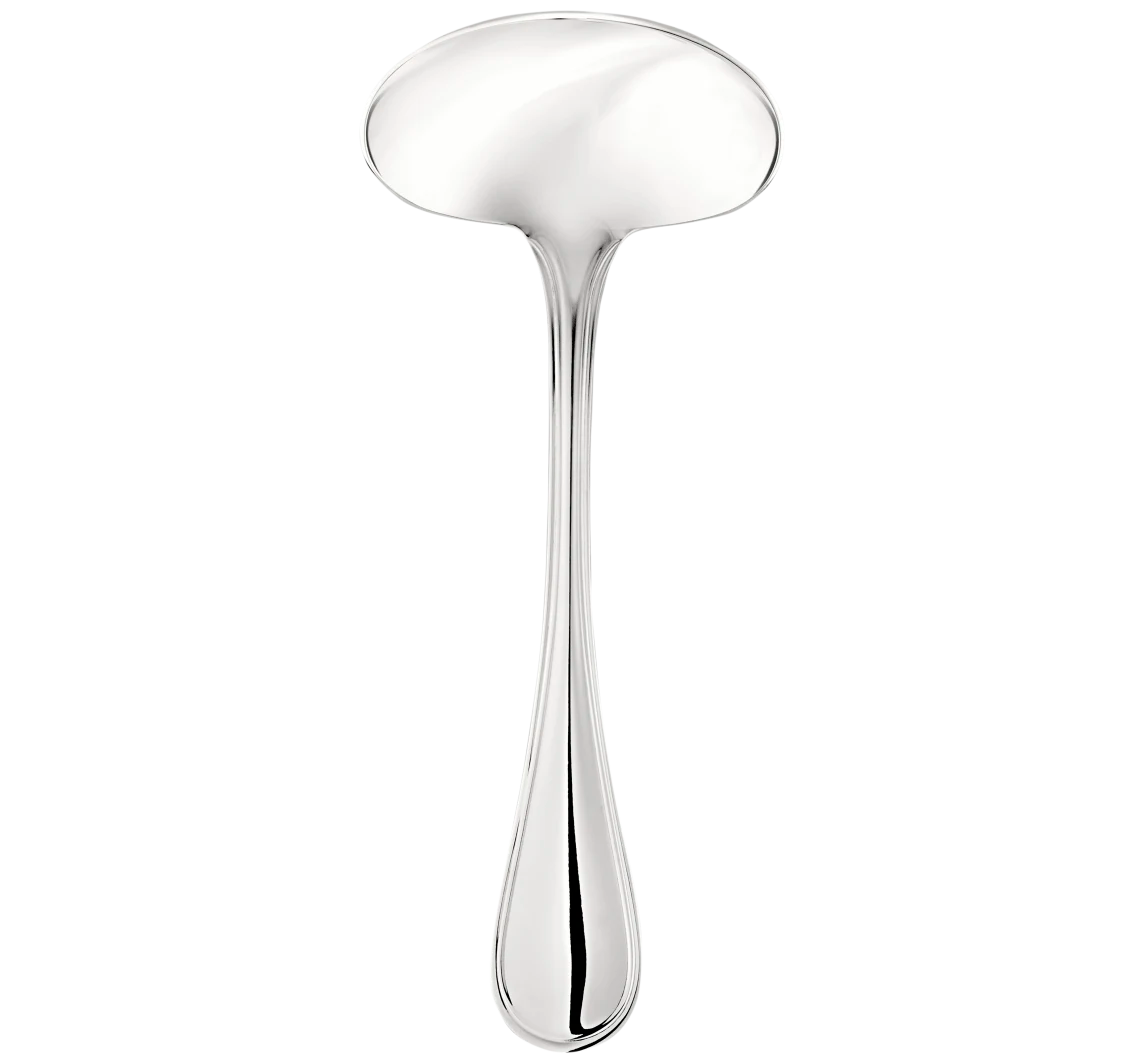 The Christofle Albi Acier Stainless Steel Serving Utensil features a shiny silver finish with a broad, shallow, slightly curved bowl and a long, tapered handle, showcased against a plain white background.