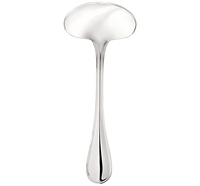 The Christofle Albi Acier Stainless Steel Serving Utensil features a shiny silver finish with a broad, shallow, slightly curved bowl and a long, tapered handle, showcased against a plain white background.