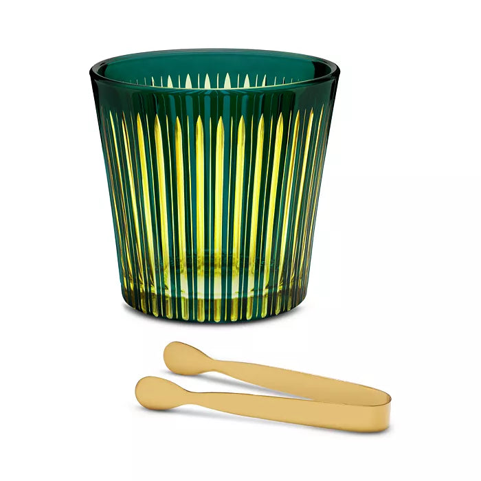 A green, vertically-ribbed L’Objet Prism Ice Bucket w/ Tongs crafted from hand-crafted glass, accompanied by a pair of gold-toned metal tongs.