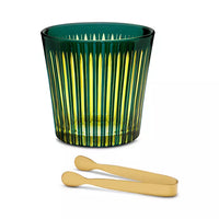 A green, vertically-ribbed L’Objet Prism Ice Bucket w/ Tongs crafted from hand-crafted glass, accompanied by a pair of gold-toned metal tongs.