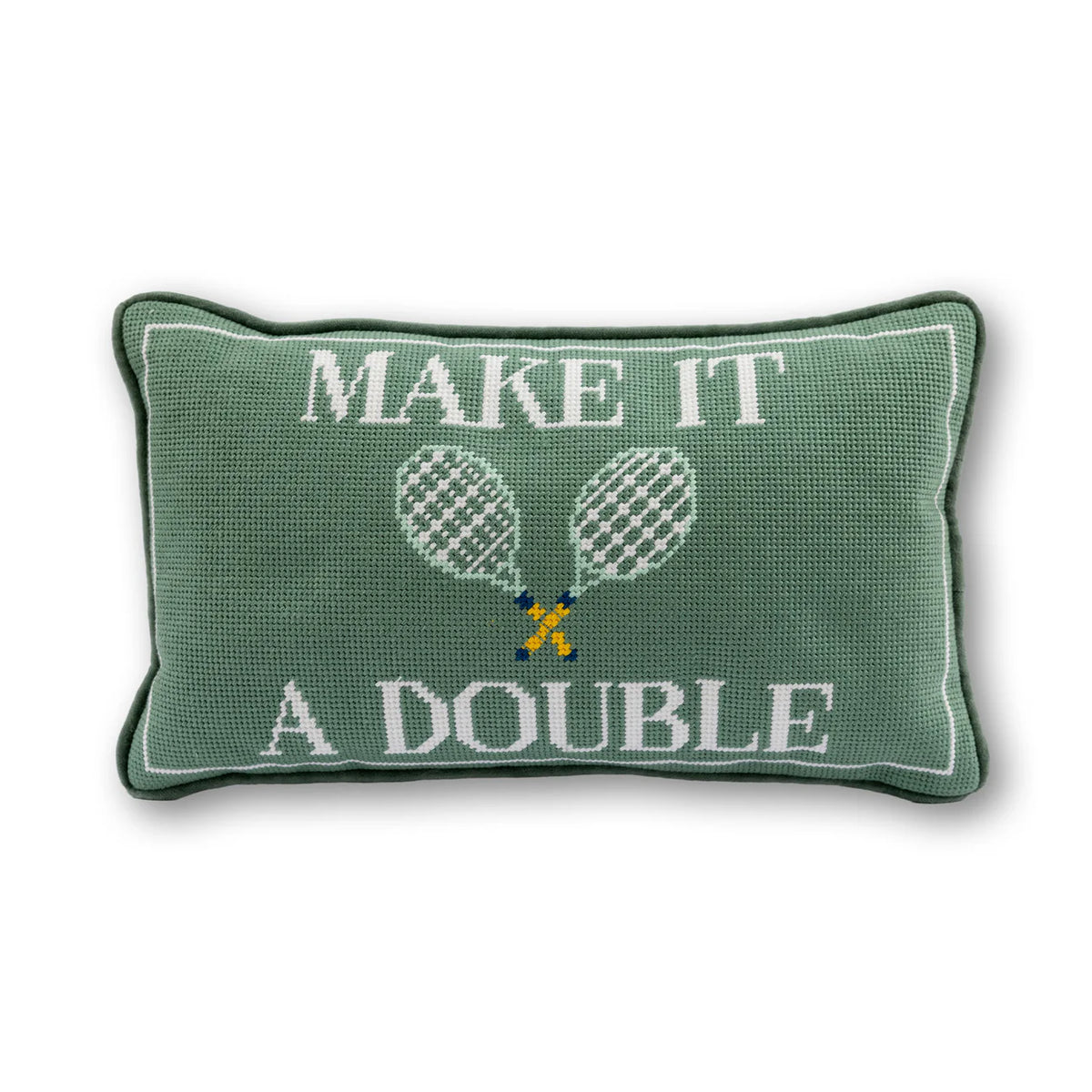 The Furbish Needlepoint Pillow - Make It A Double features a green rectangular design with white trim, crossed tennis rackets, and the slogan—perfect for any tennis lover.
