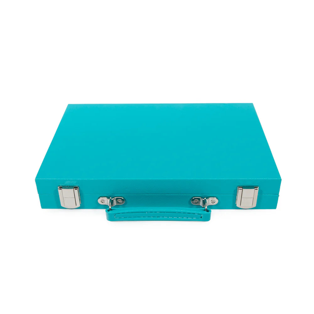 A turquoise Mini Travel Backgammon Set by Brouk & Co features silver metal clasps and a matching handle, shown against a white background—perfect for storing your portable backgammon game.