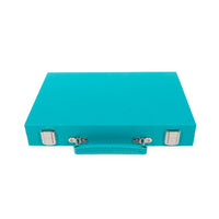 A turquoise Mini Travel Backgammon Set by Brouk & Co features silver metal clasps and a matching handle, shown against a white background—perfect for storing your portable backgammon game.