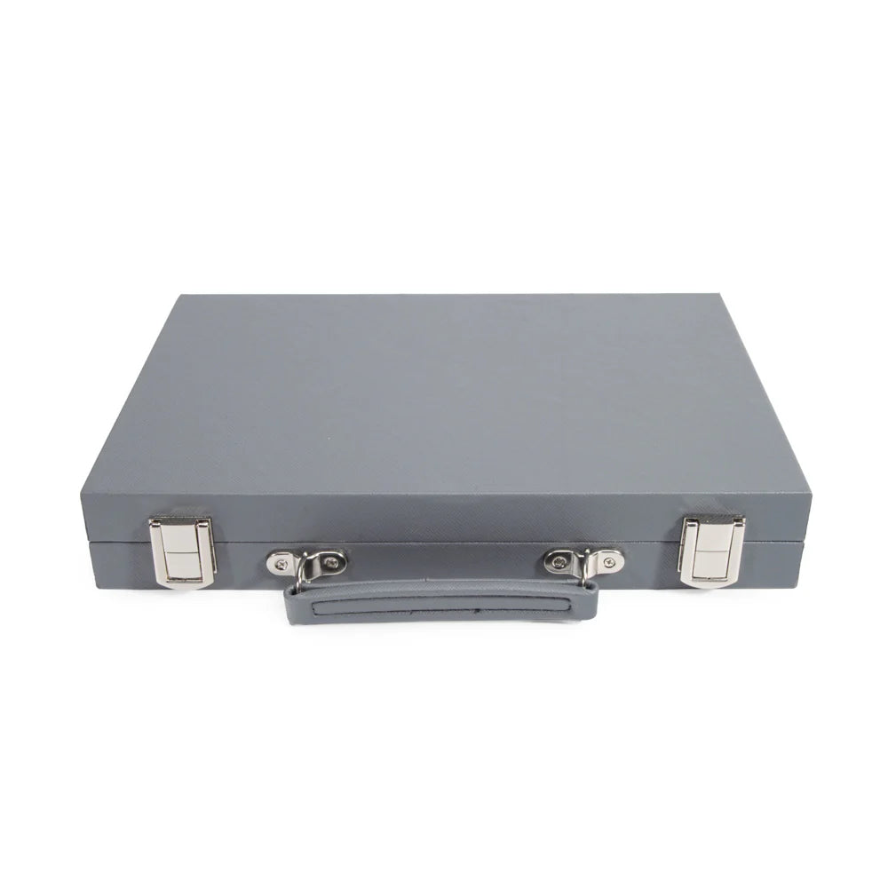 The Brouk & Co Mini Travel Backgammon Set is a closed gray metal briefcase with two silver latches and a handle, shown on a white background, designed for easy travel.
