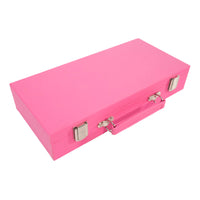 The Mini Travel Mahjong Set by Brouk & Co is a rectangular, bright pink suitcase with a handle and metal clasps, shown closed against a white background—perfect for portable mahjong games.