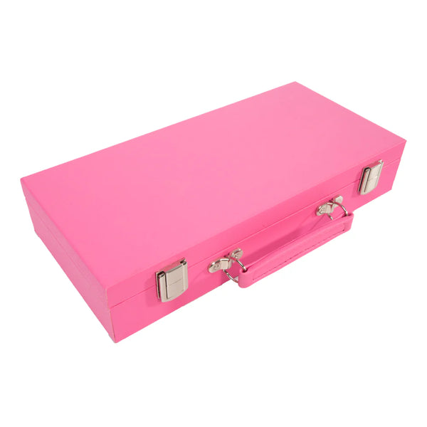 The Mini Travel Mahjong Set by Brouk & Co is a rectangular, bright pink suitcase with a handle and metal clasps, shown closed against a white background—perfect for portable mahjong games.