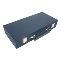 The Mini Travel Mahjong Set by Brouk & Co comes in a rectangular navy faux-leather briefcase with silver clasps and handle, making it perfect for carrying your game wherever you go.