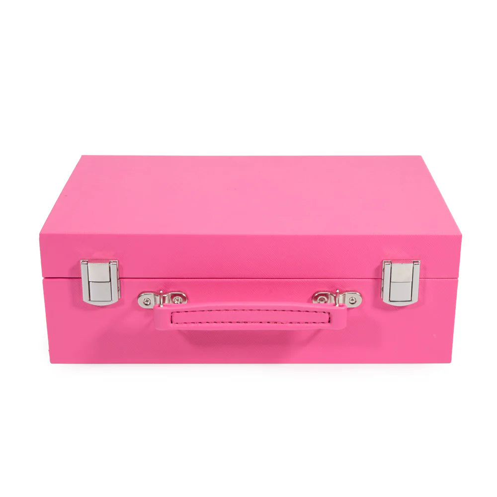 The Mini Travel Rumi Set by Brouk & Co is a closed, bright pink rectangular case with a silver handle and two silver latches, perfect for portable play.