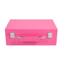 The Mini Travel Rumi Set by Brouk & Co is a closed, bright pink rectangular case with a silver handle and two silver latches, perfect for portable play.