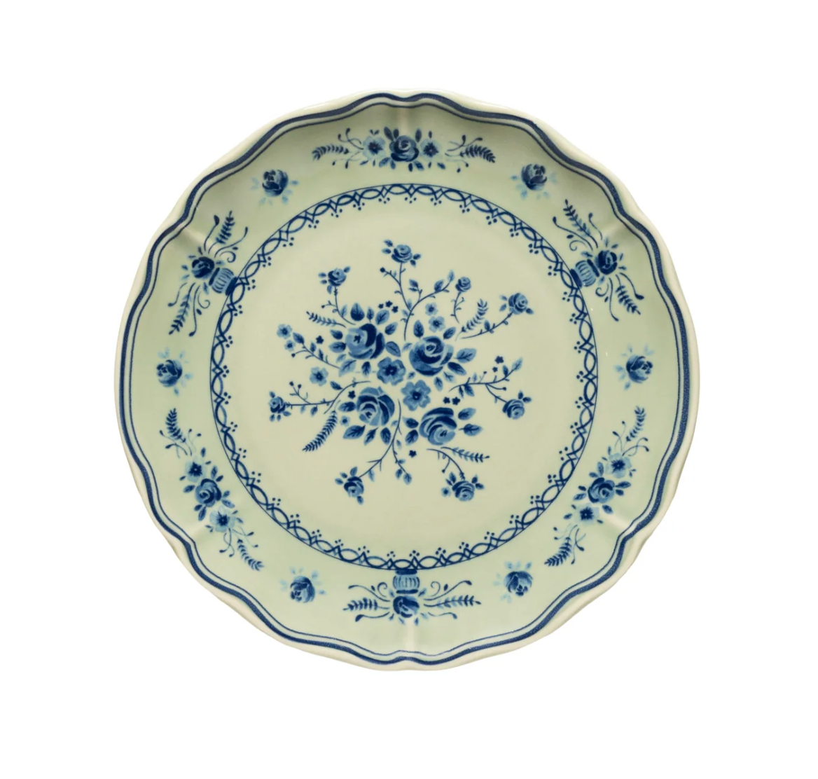 Vila Olive / Blue round plate with a scalloped edge featuring a pale green base and blue floral patterns.