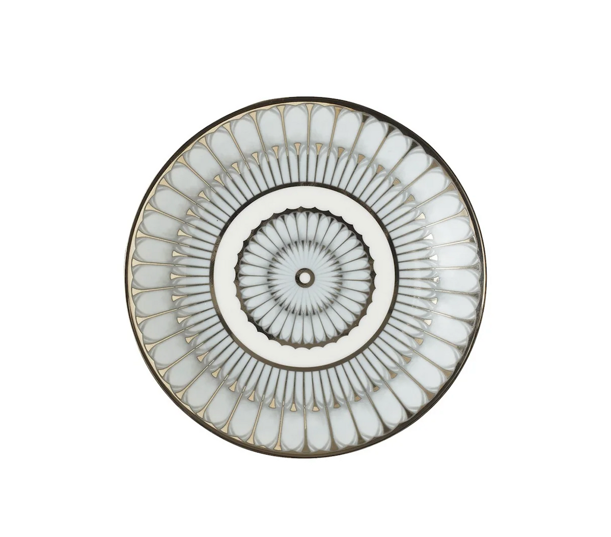 Philippe Deshoulieres BIA Arcades Platinum dinner plate in white with a repeating silver petal pattern radiating from the center and a silver rim.
