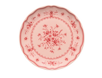 Vila Pink / Red Dessert Plate in pink stoneware with a scalloped edge and a red floral pattern.