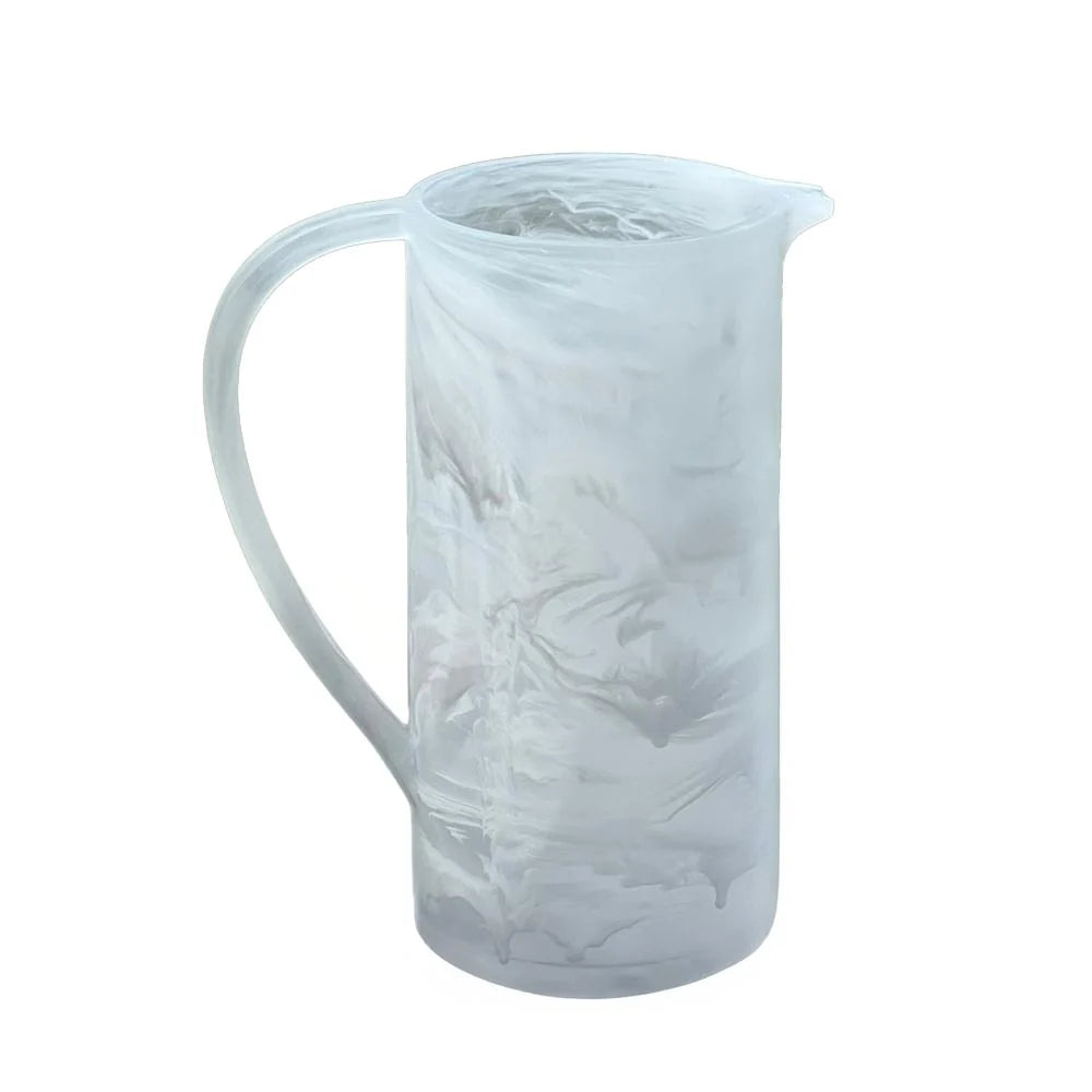 Dawn Resin Swirl Pitcher - White, a tall translucent pitcher with a white and gray marbled swirl pattern and a curved handle.