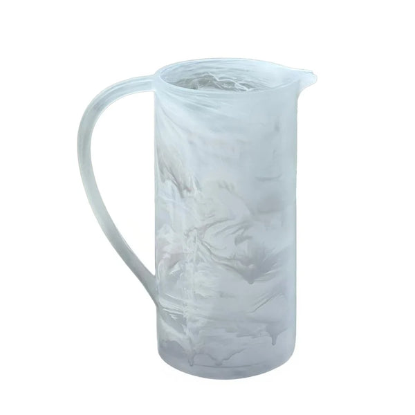 Dawn Resin Swirl Pitcher - White, a tall translucent pitcher with a white and gray marbled swirl pattern and a curved handle.